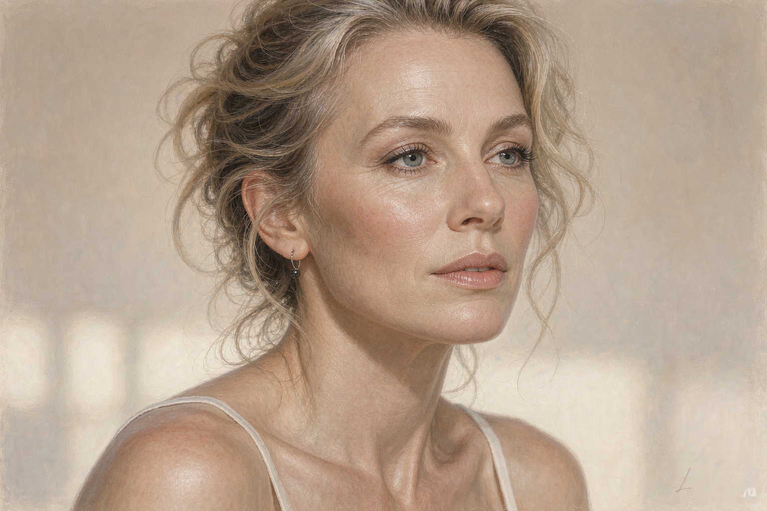 Confident middle-aged woman with radiant healthy skin in soft natural light