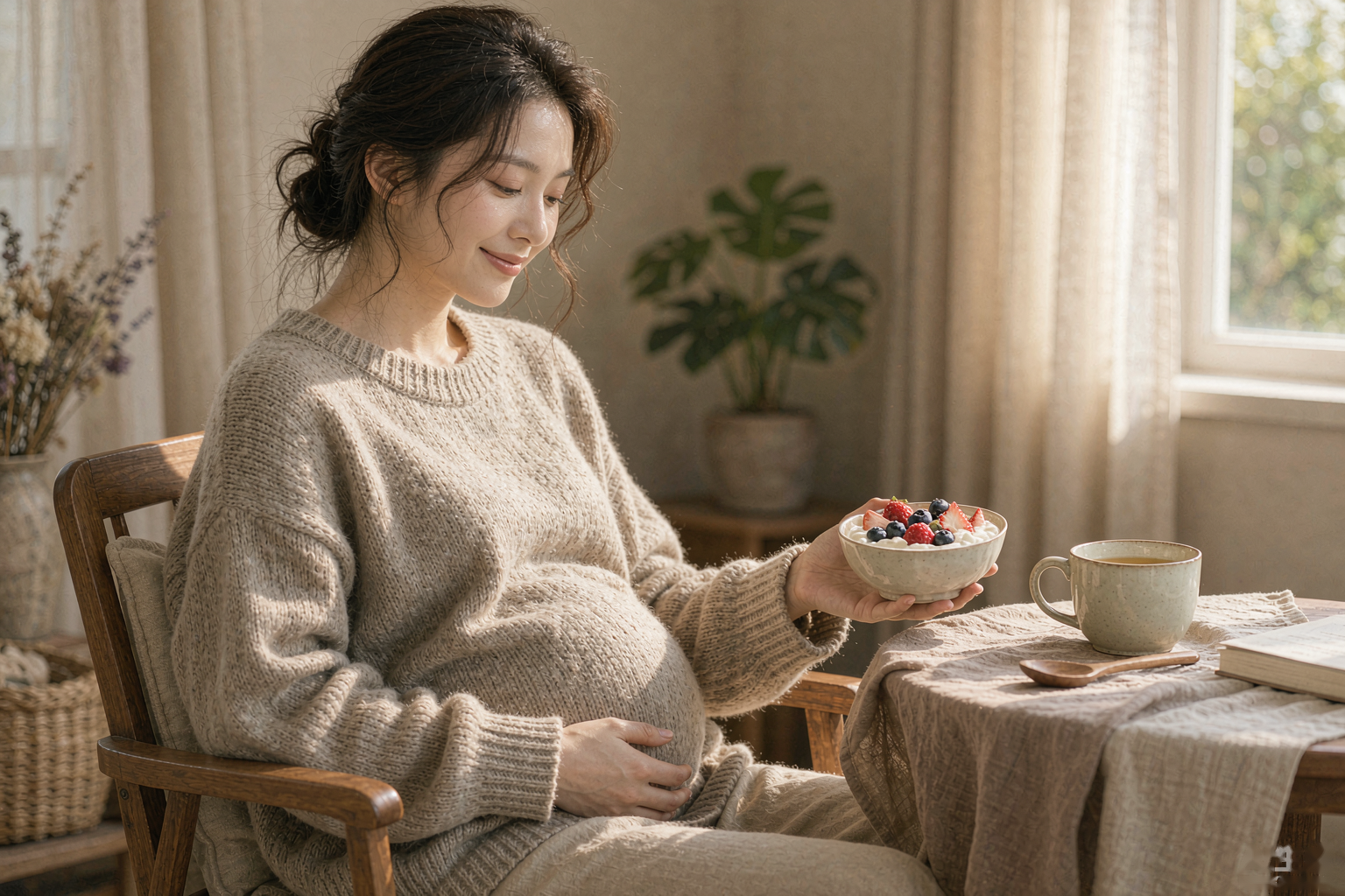 Radiant pregnant woman holding a bowl of yogurt with berries