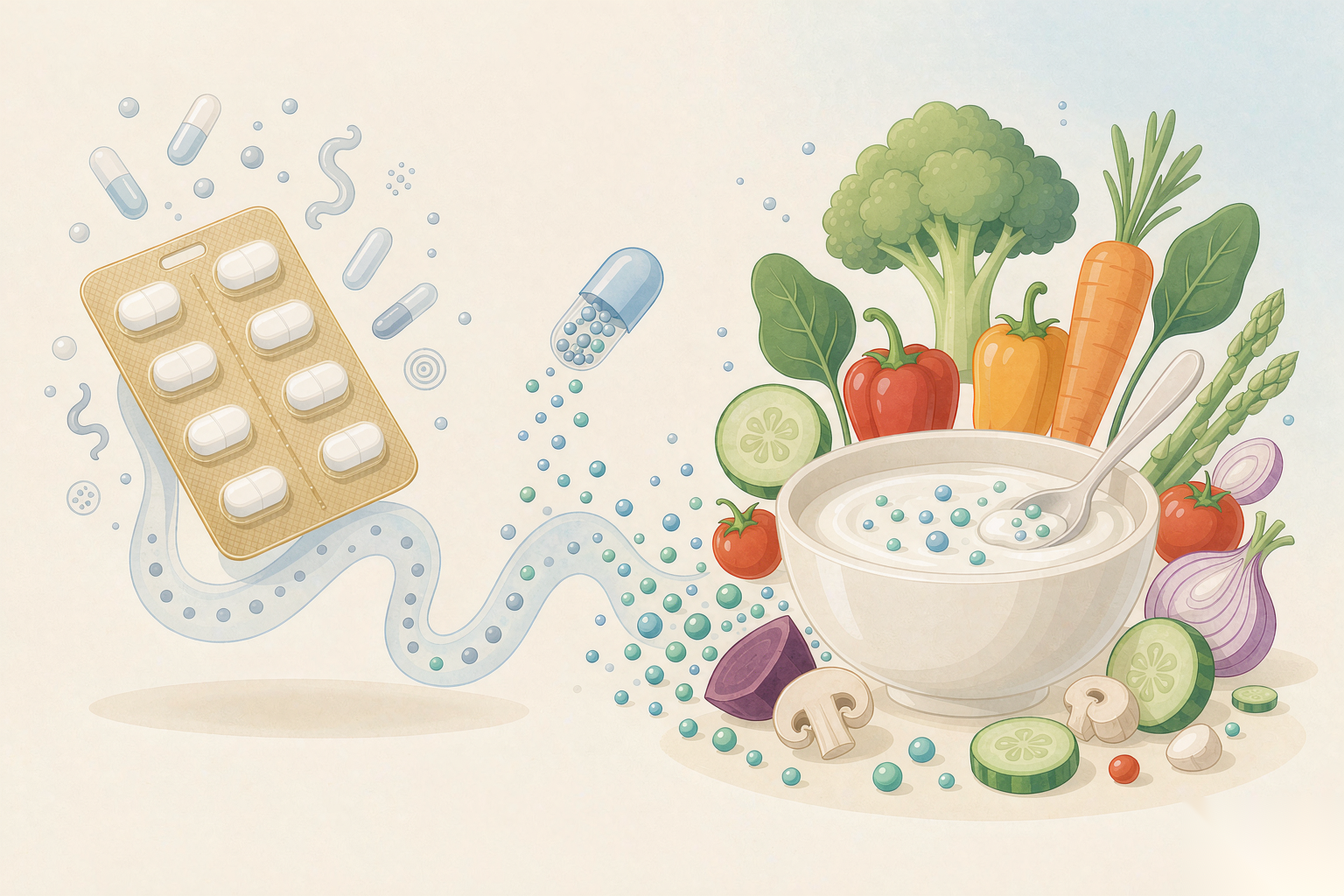 Antibiotic blister pack beside a probiotic capsule and a bowl of yogurt and vegetables