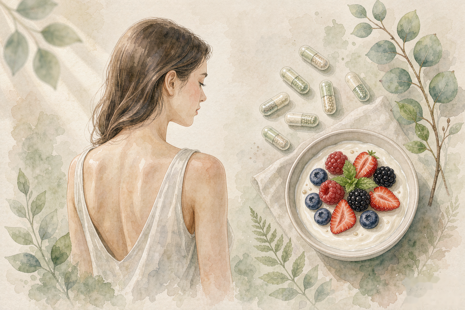 Woman with clear back and shoulders beside probiotic capsules and a bowl of yogurt with berries