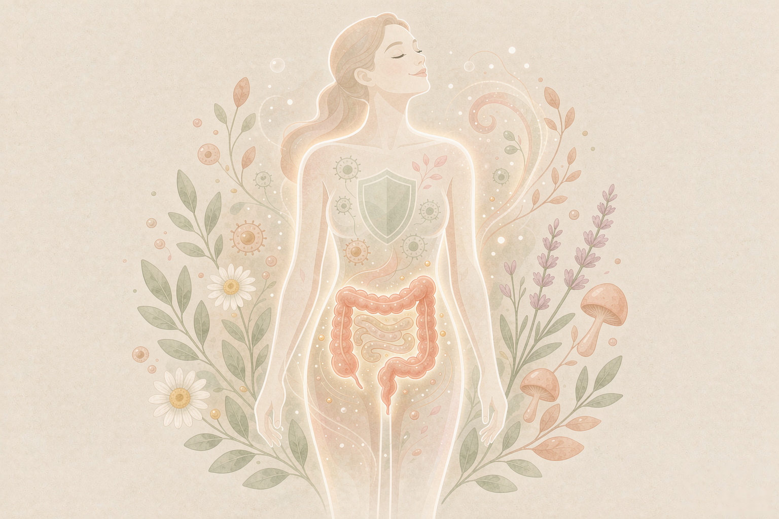 Editorial illustration of a calm body with a glowing healthy gut and clear skin