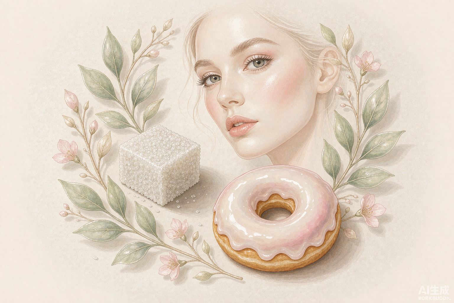 Sugar cube and glazed donut beside a radiant clear-skinned face