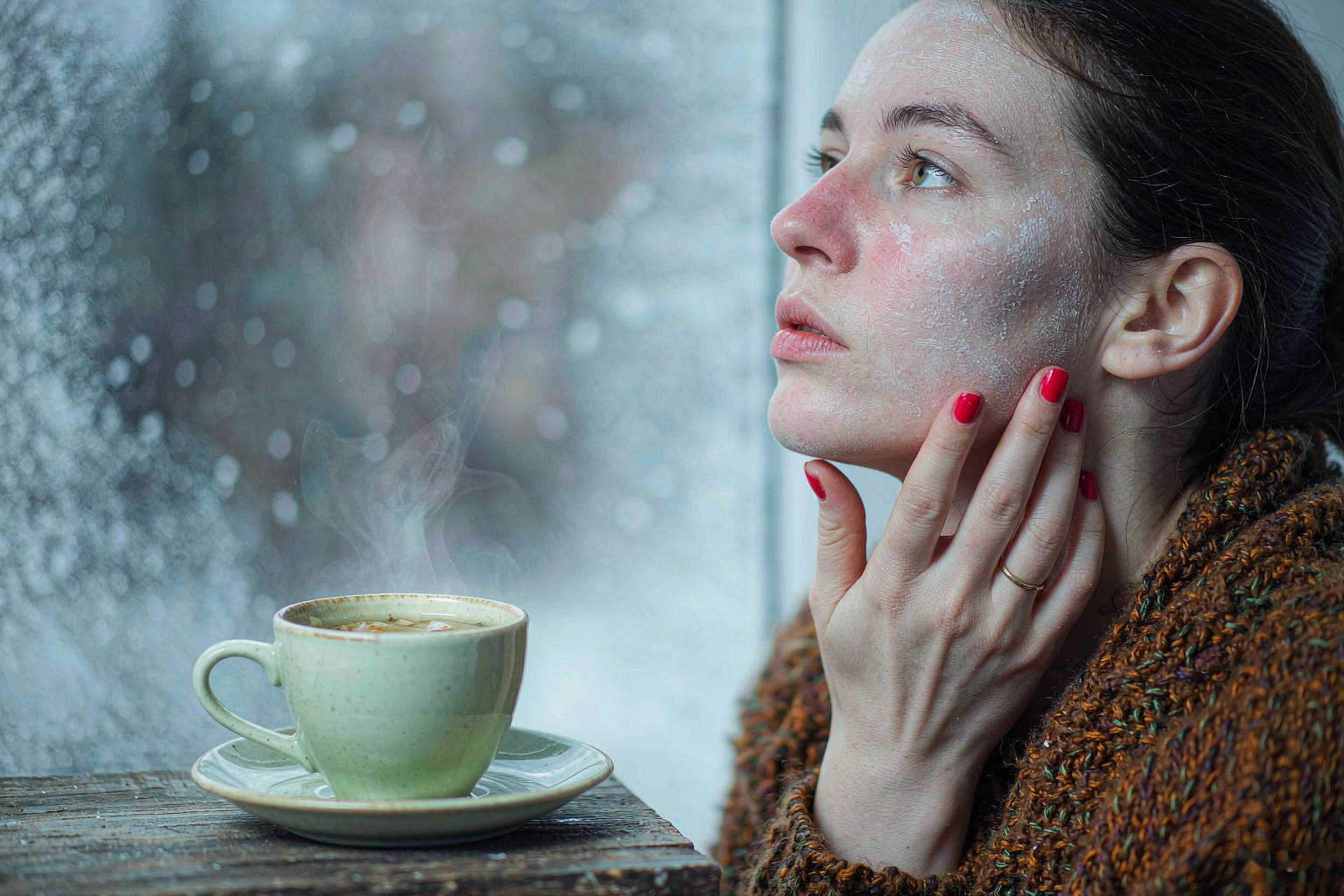 Woman with dry winter skin touching her cheek beside a frosted window