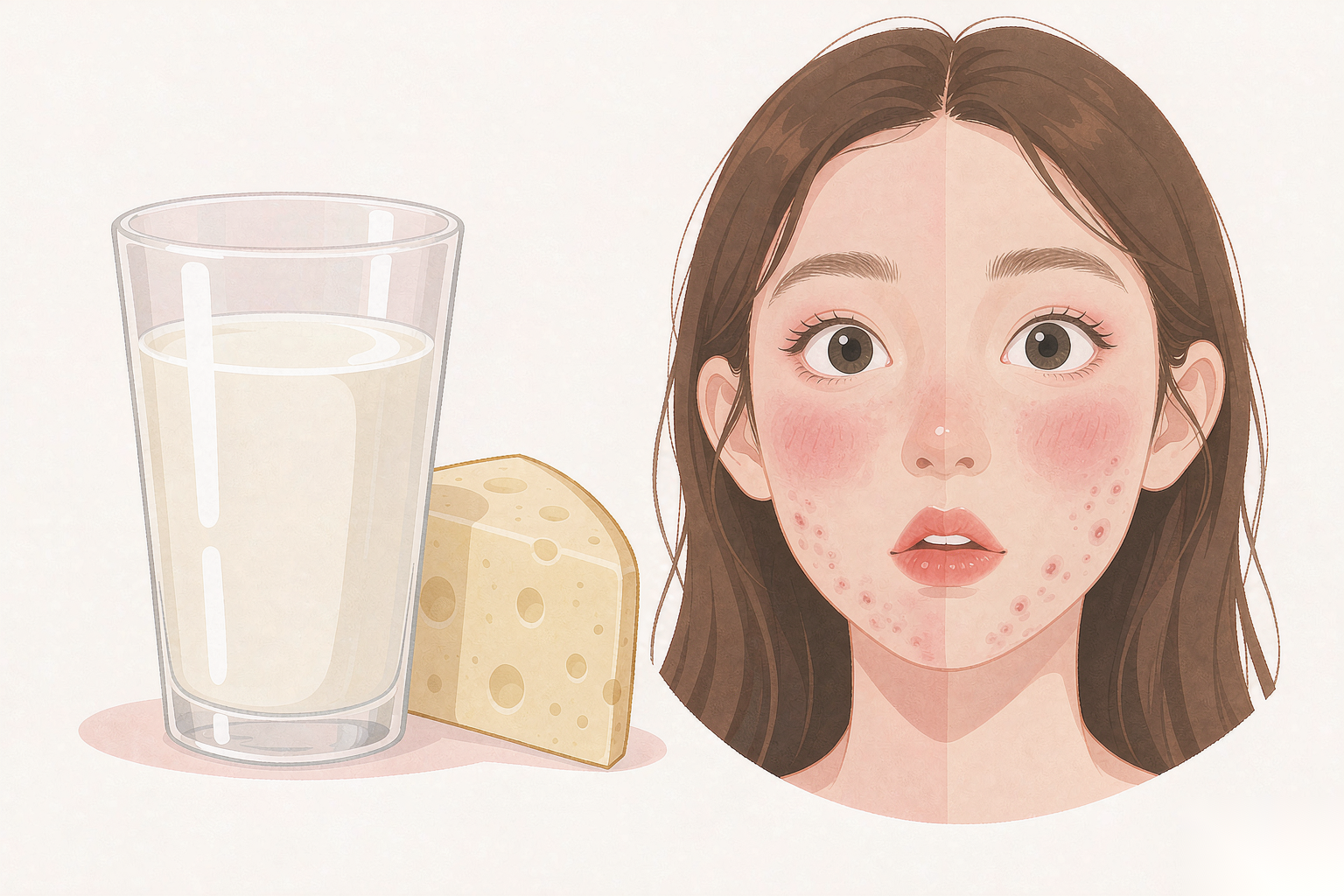 Glass of milk and cheese beside a face with breakouts on one side