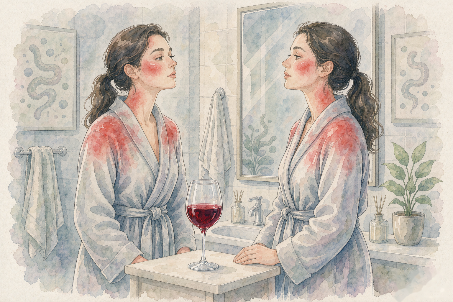 Woman with flushed red cheeks and chest beside a glass of red wine in a bathroom mirror