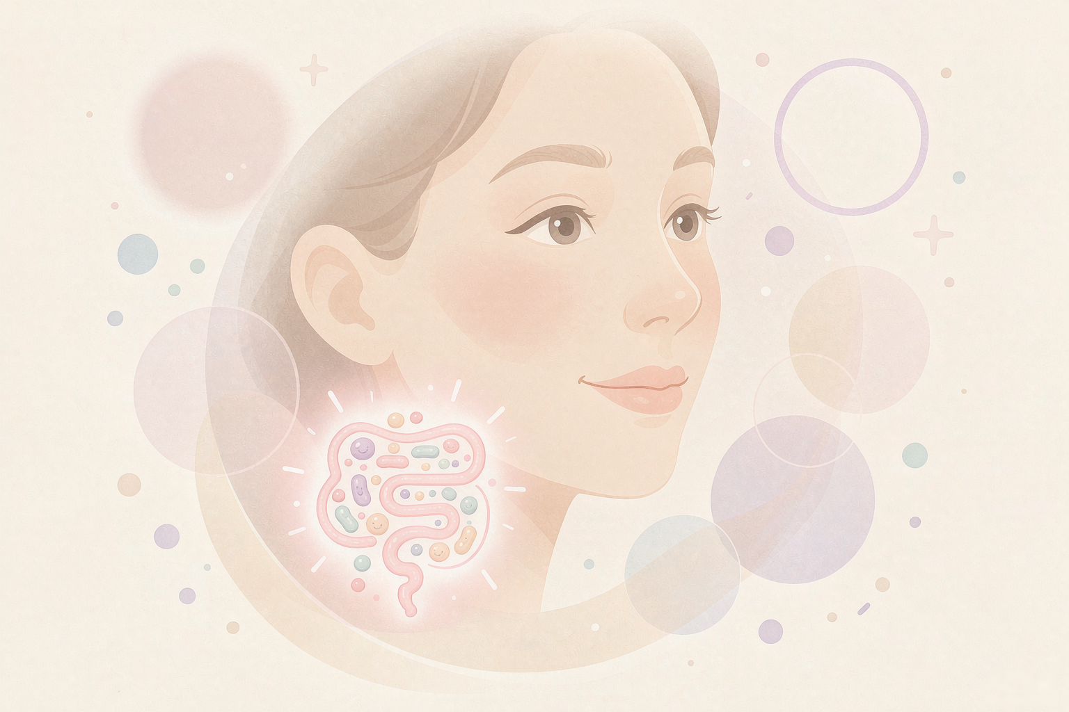 Editorial illustration of a serene face with calm under-eye area and a glowing gut motif