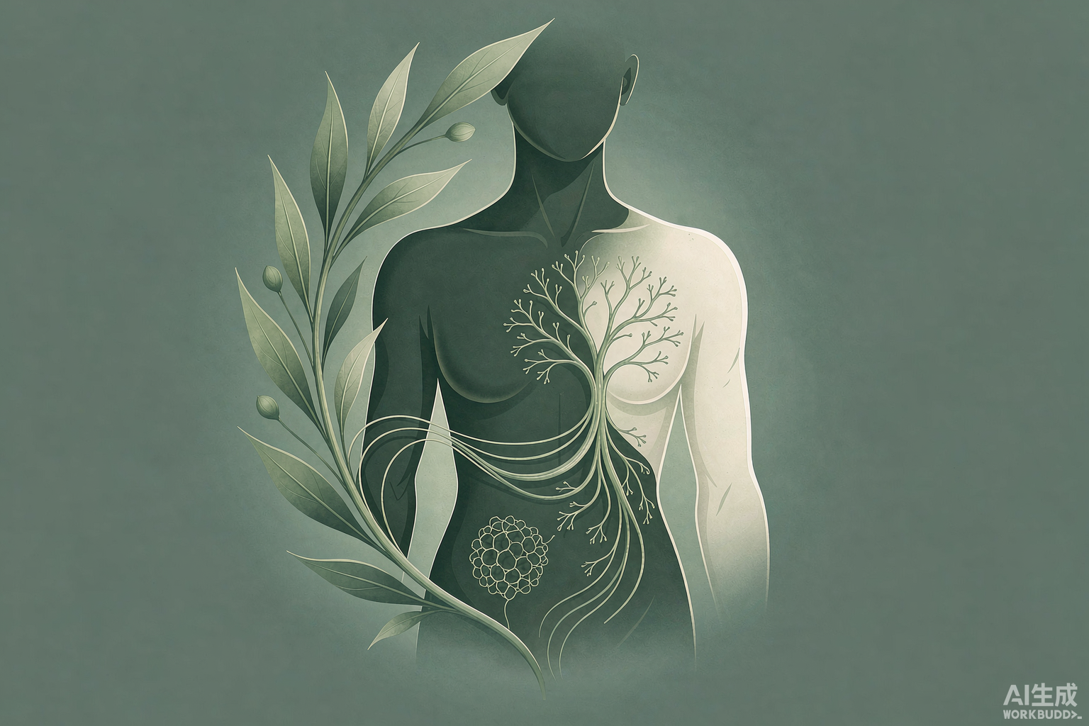 Calm gut silhouette connected by glowing lines to smooth calm skin