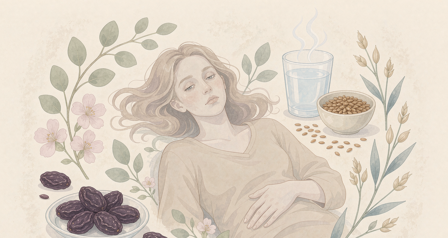 Tired woman with hand on abdomen and dull skin near botanicals
