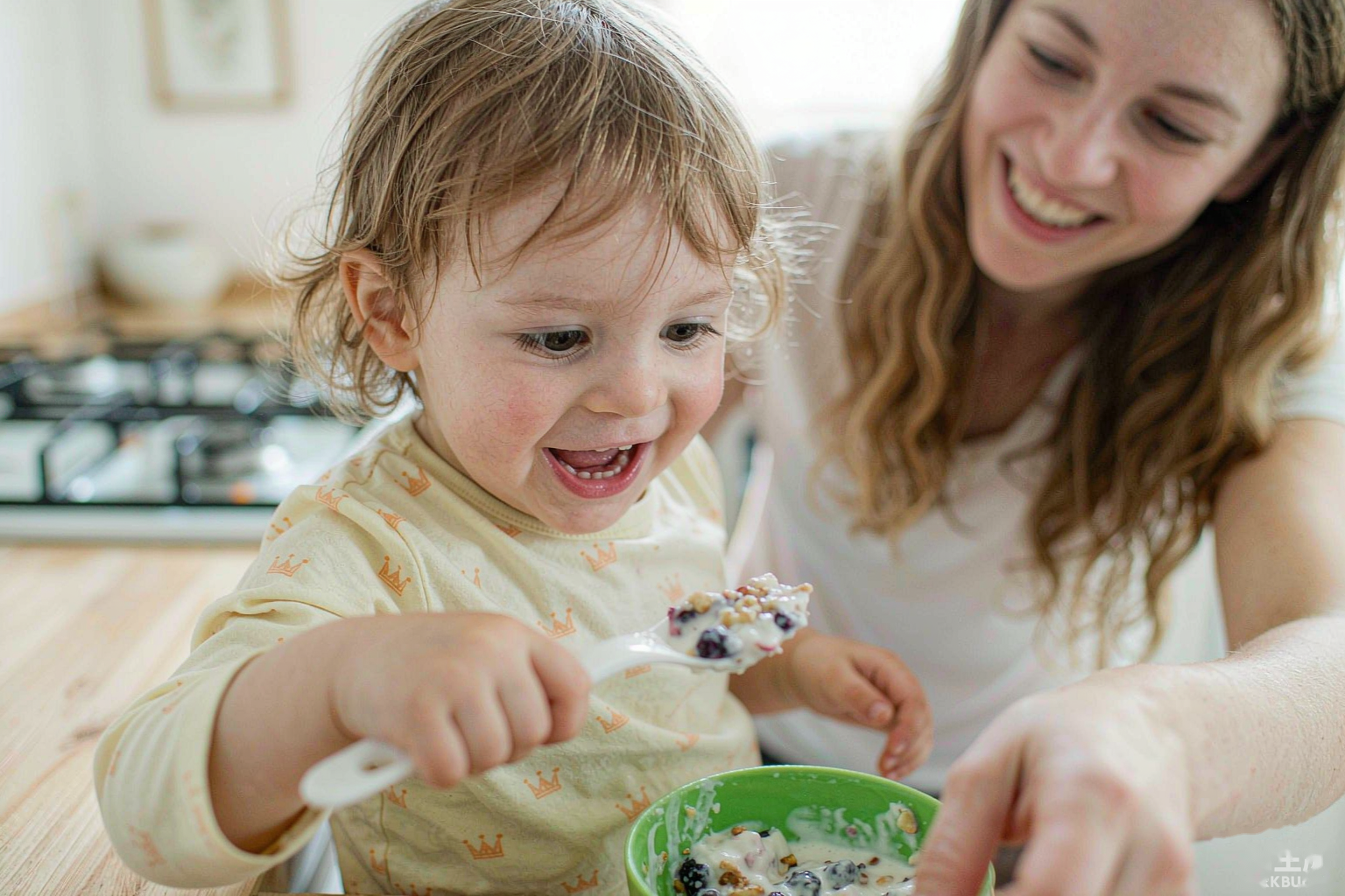 Happy toddler eating yogurt while a smiling mother watches