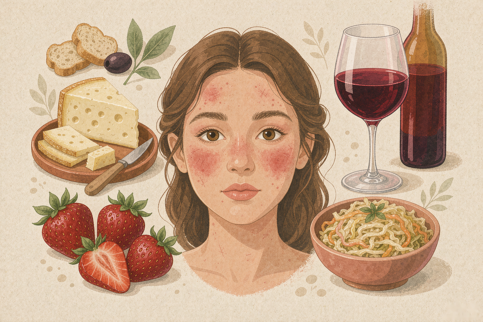 Aged cheese, red wine, strawberries and fermented foods around a face with flushed cheeks