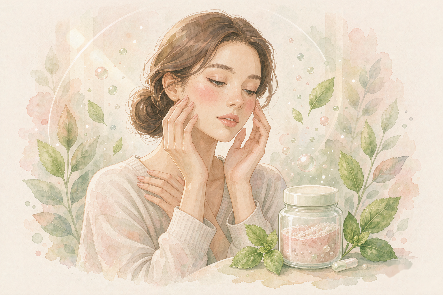 Calm woman with clear skin gently touching her cheek beside a jar of probiotics and green leaves