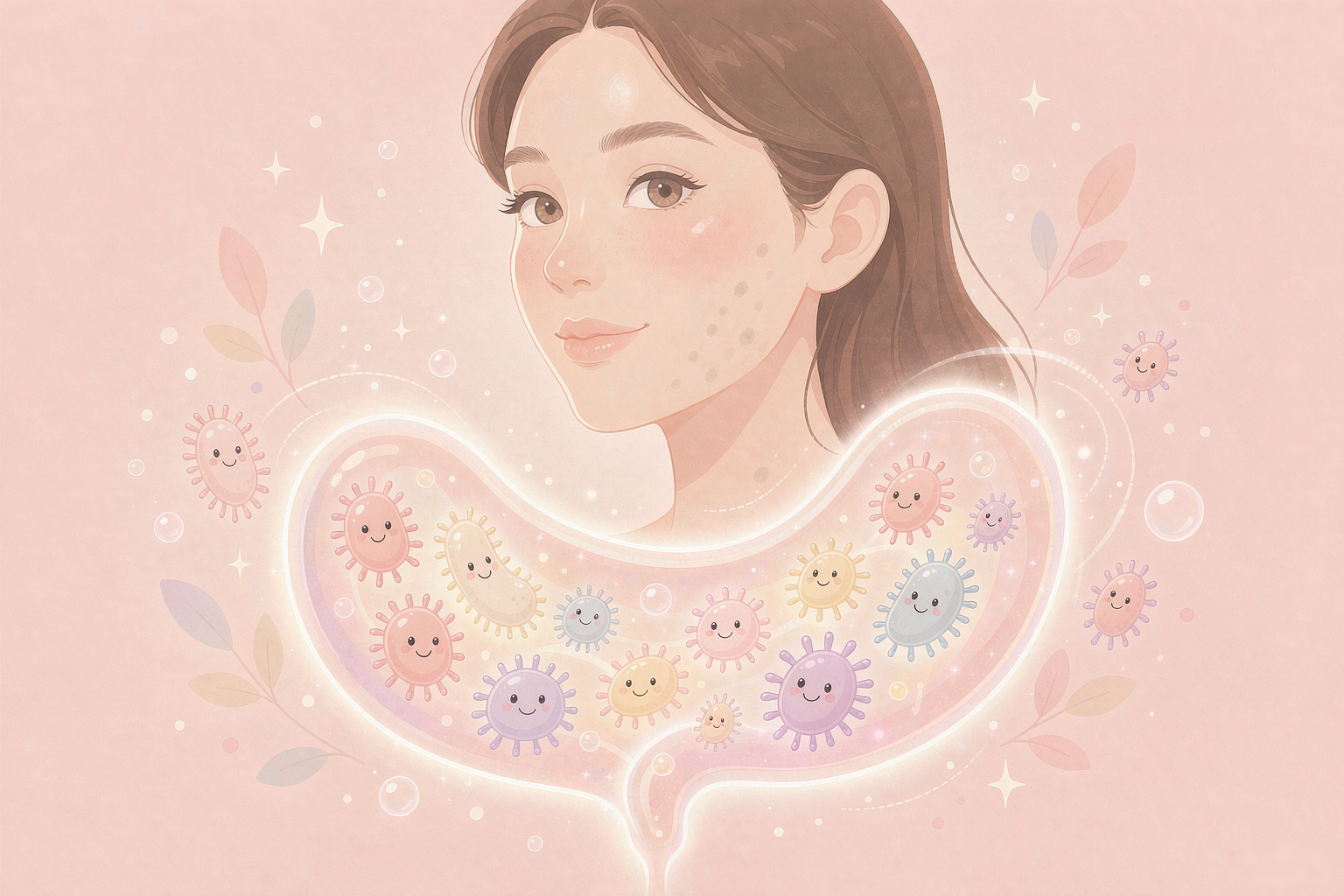 Editorial illustration of even clear radiant skin and a glowing gut microbiome