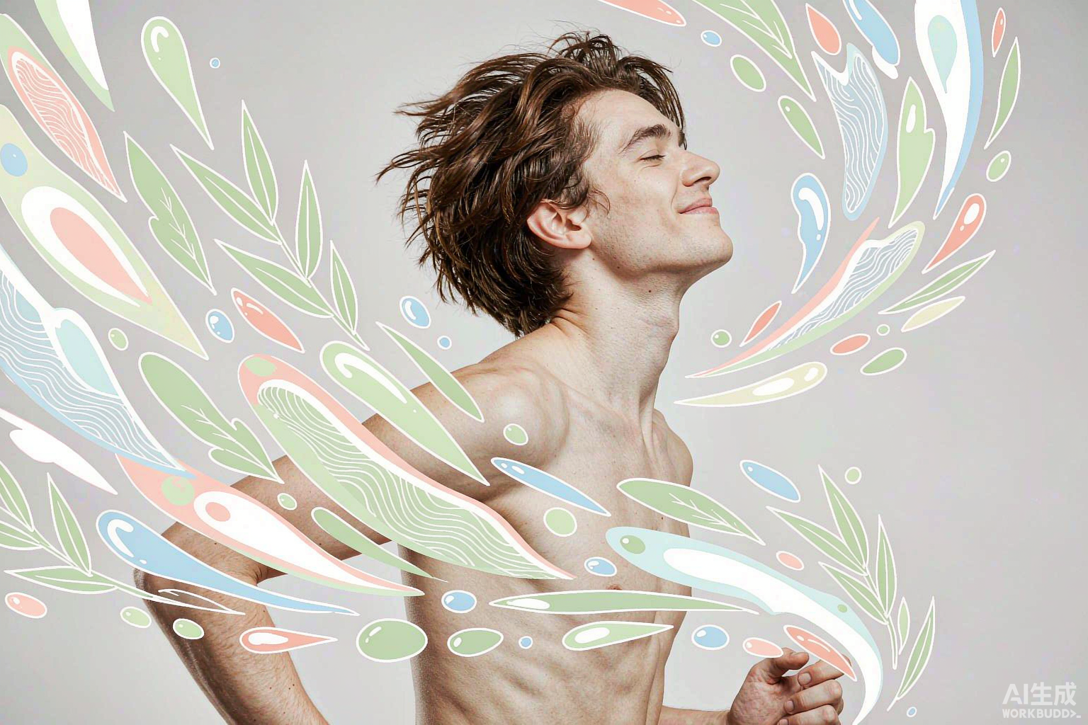 Person mid-stretch with a glowing complexion and leaf motifs