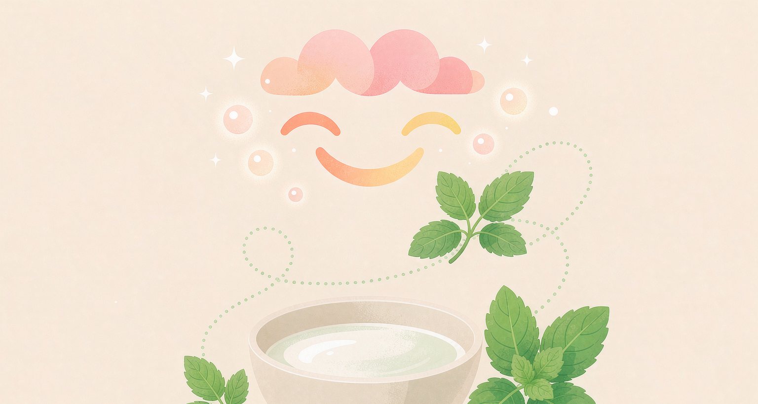 Radiant smile and glowing skin connected by a dotted line with mint and yogurt